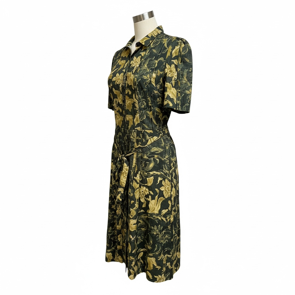 Olive Green & Golden Floral Print Front Shirt Dress M