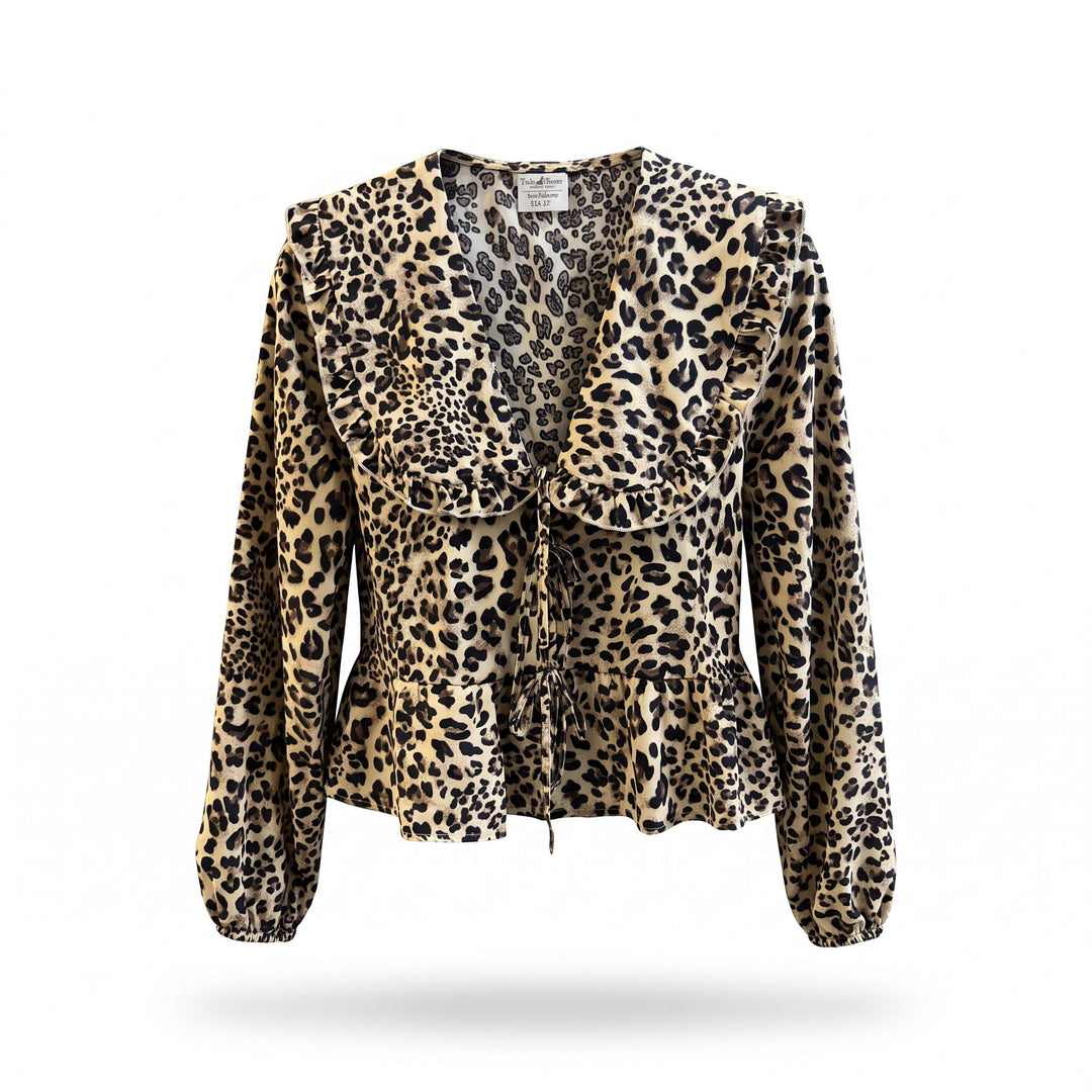 Leopard Print Ruffle Collar Tie-Front Top