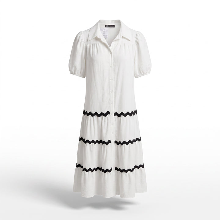 White Button-Front Ric Rac Midi Dress