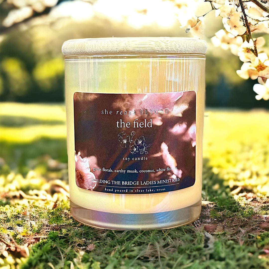 Beyond the Field Candle, Double wick gold jar, building the bridge ladies ministries, upper room candle company