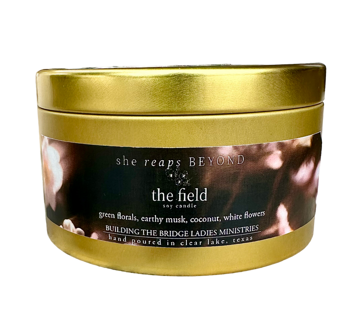 Beyond the Field Candle, Double wick gold tin, building the bridge ladies ministries, upper room candle company