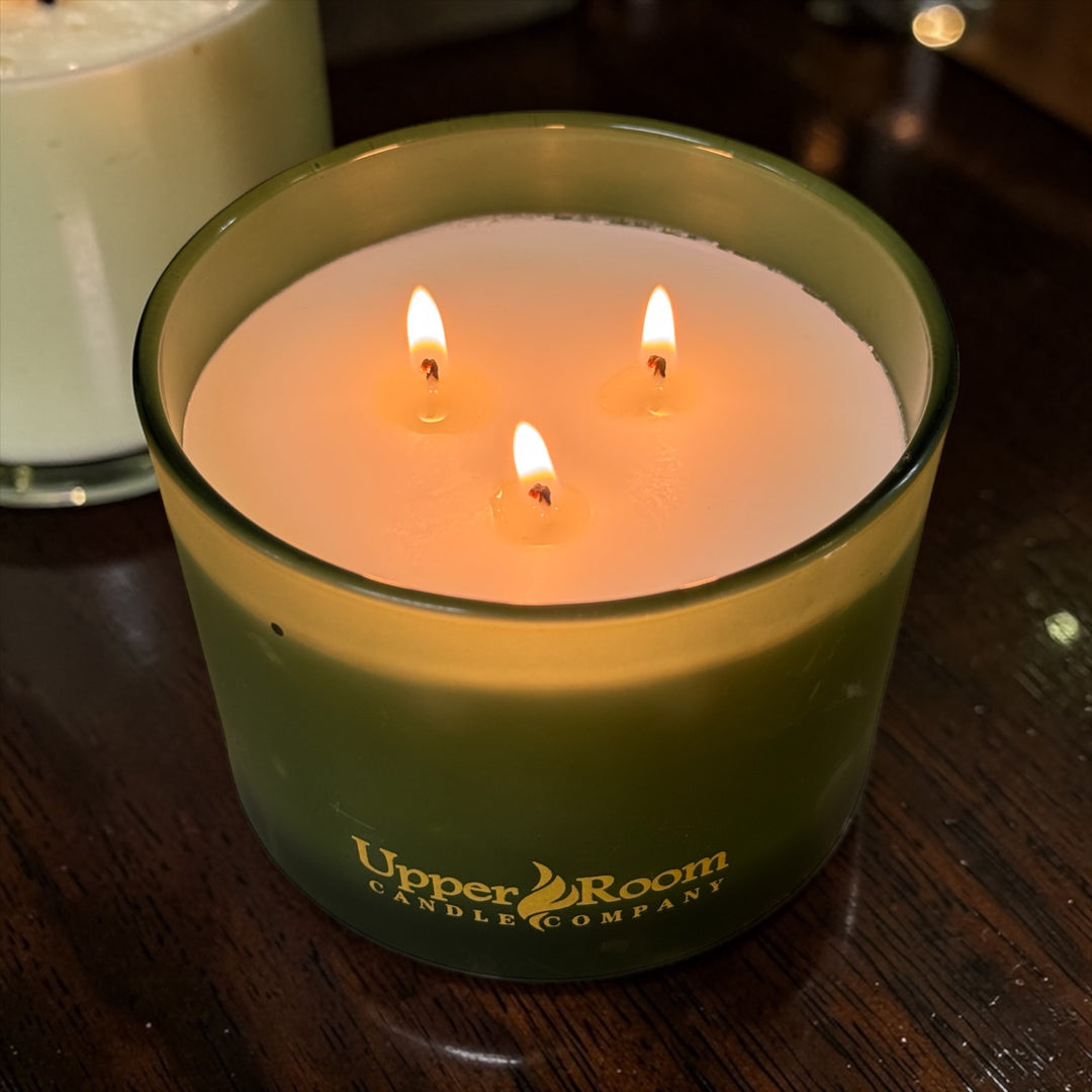 Bourbon Buttercream Triple Wick Candle, frosted green jar, upper room candle company