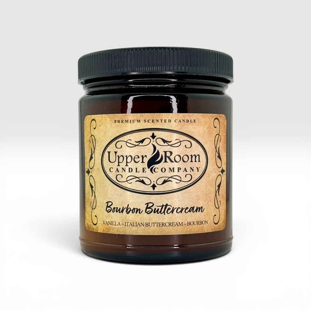 Bourbon Buttercream candle from upper room candle company, hand poured single wick amber jar candle, soy blend. 