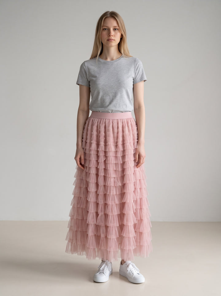 Blush Pink Tiered Tulle Ruffle Skirt - Size Small