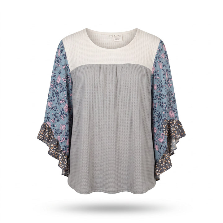 Mixed Print Ruffle Sleeve Top