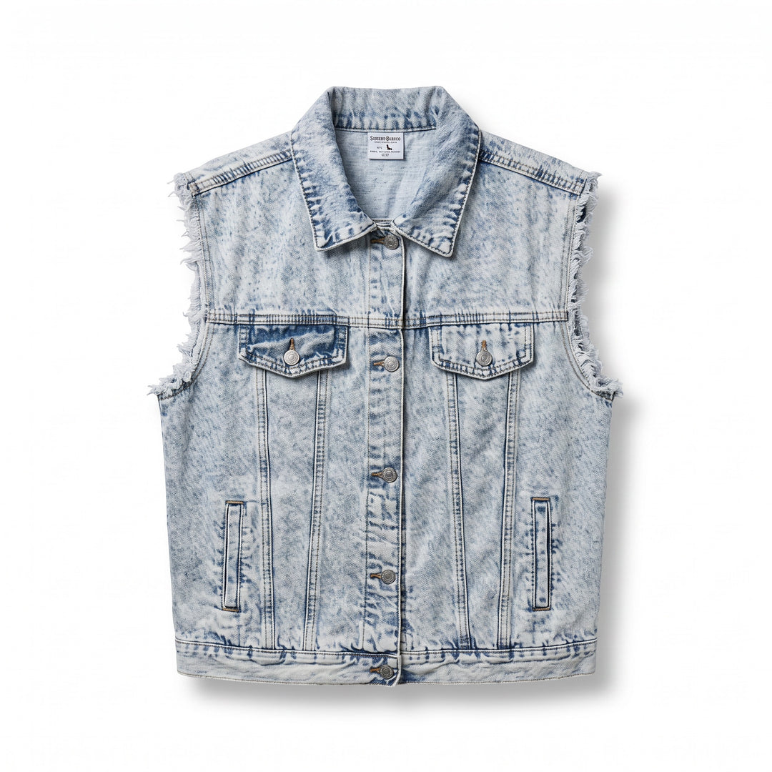 Light Wash Frayed Denim Vest
