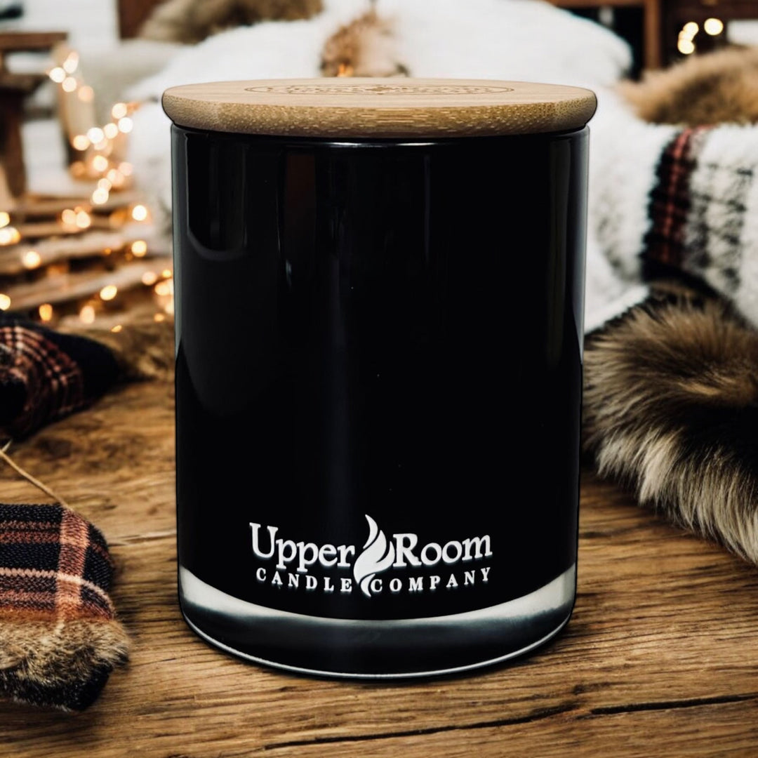 Flannel and Fur hand poured double wick black jar candle from upper room candle company