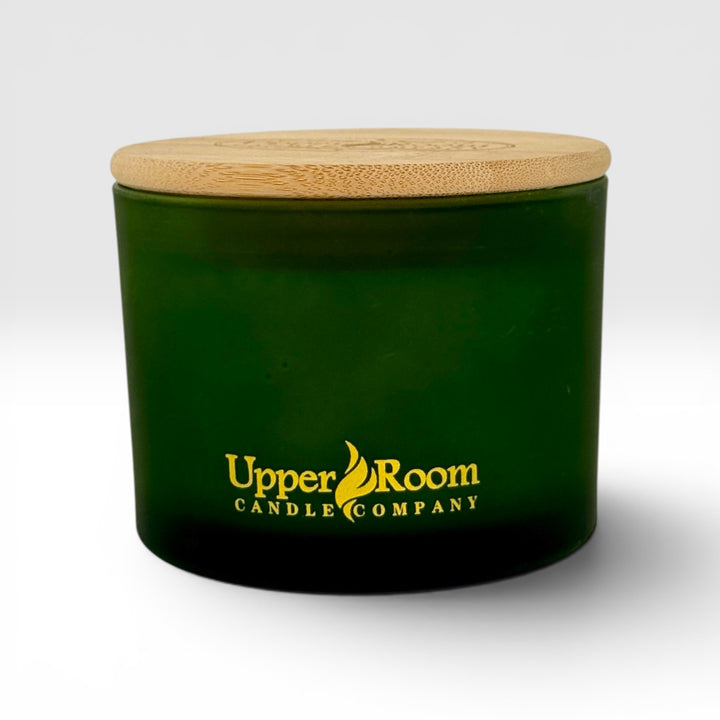 Frosted green jar Triple Wick Candle from upper room candle company