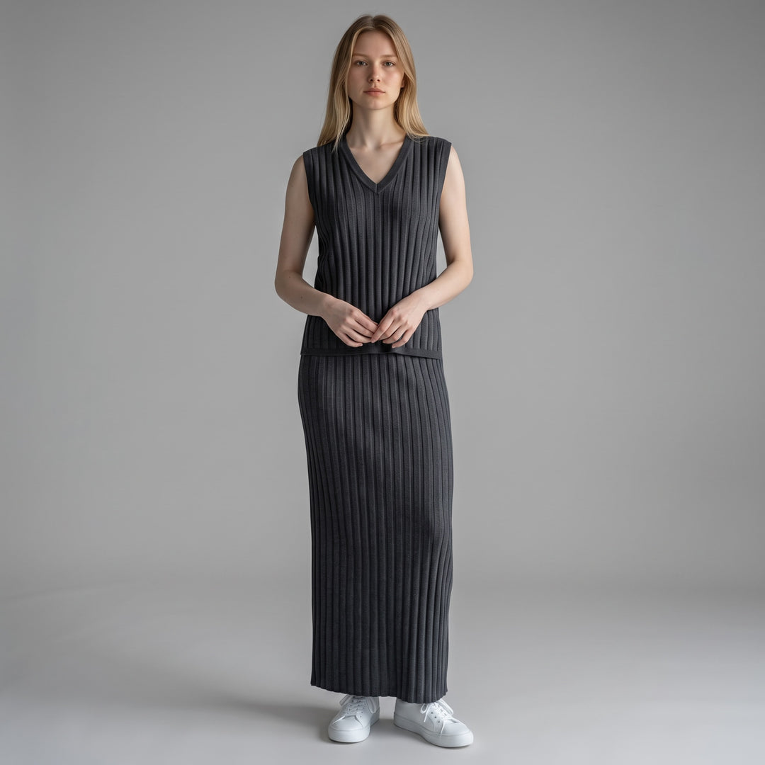 Black Ribbed Sweater Vest & Skirt Set