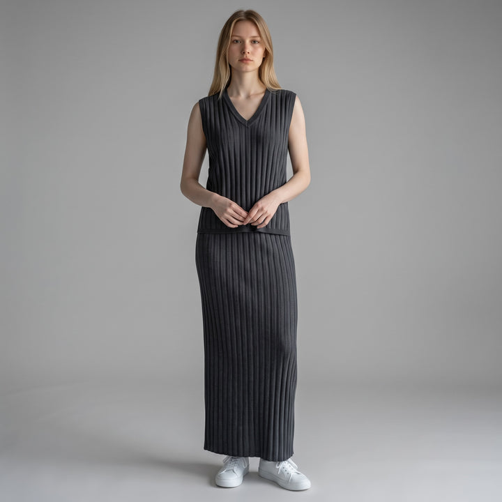 Black Ribbed Sweater Vest & Skirt Set