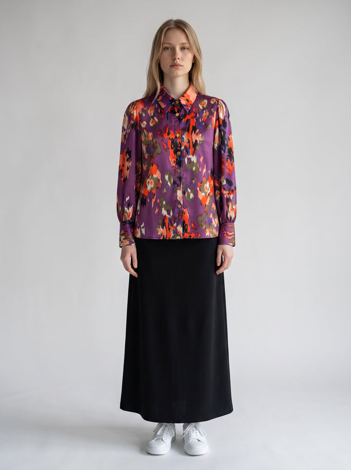 Purple Abstract Print Button-Up Blouse