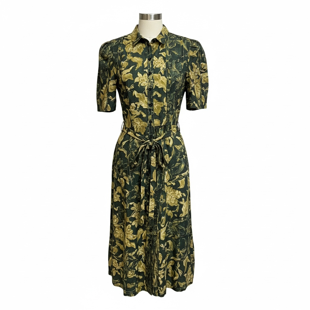 Olive Green & Golden Floral Print Front Shirt Dress
