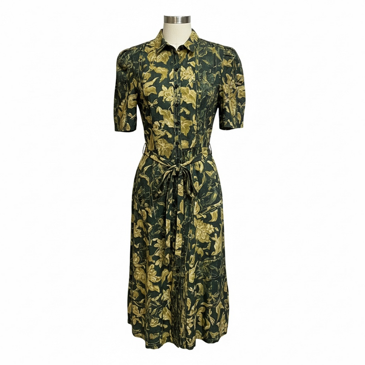Olive Green & Golden Floral Print Front Shirt Dress