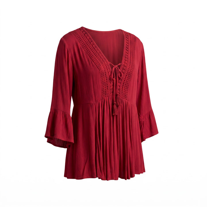 Boho Crochet Trim Bell Sleeve Top