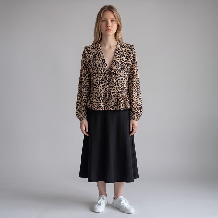 Leopard Print Ruffle Collar Tie-Front Top