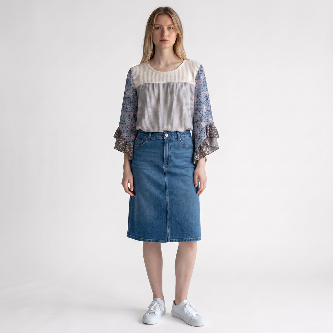Mixed Print Ruffle Sleeve Top