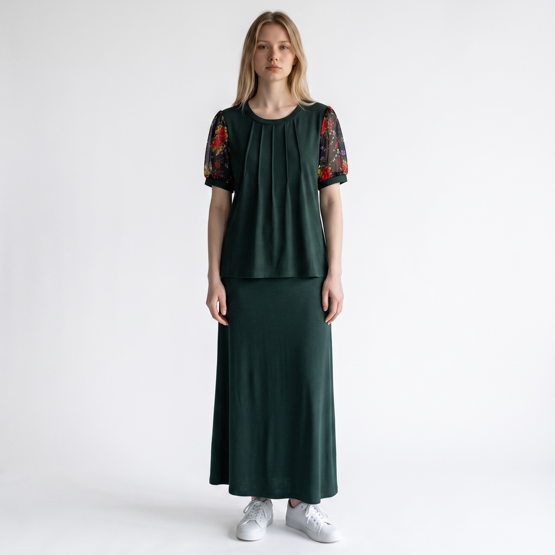 Green Floral Sleeve Pleated Top