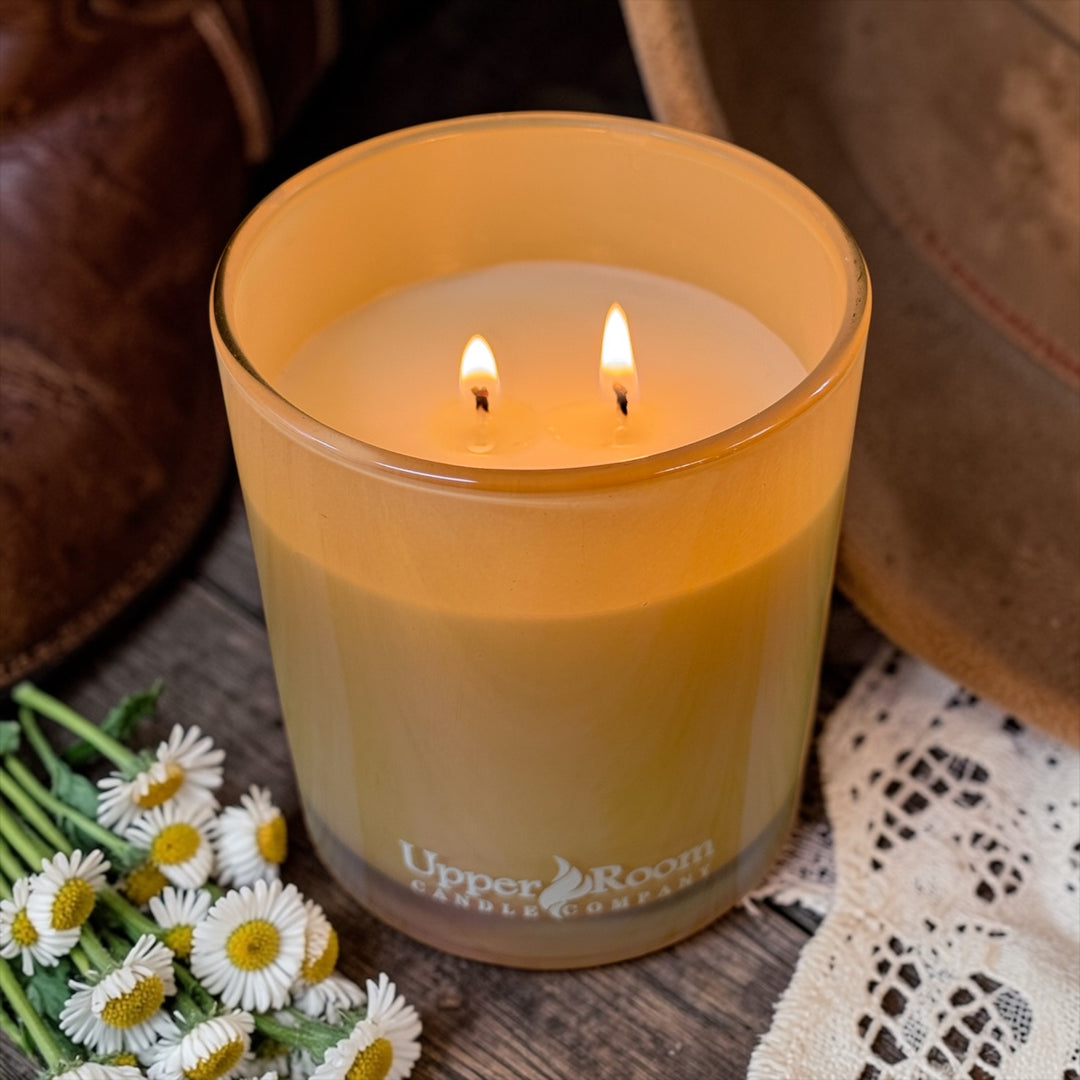 Leather & Lace Candle in a Double Wick Gold jar from upper room candle company