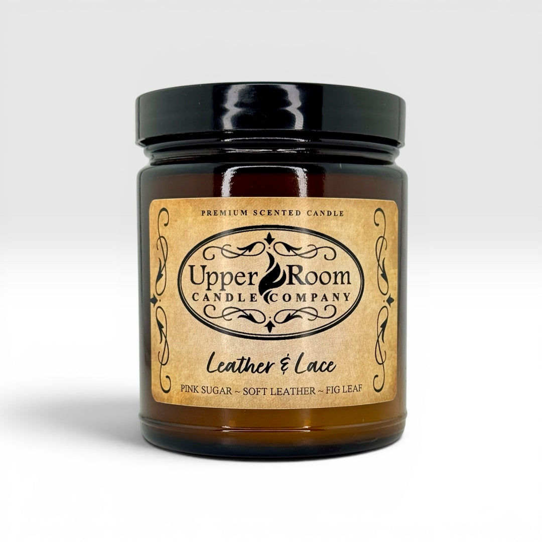 Leather and Lace candle, single wick amber jar, high fragrance load candle, soy blend, hand poured 