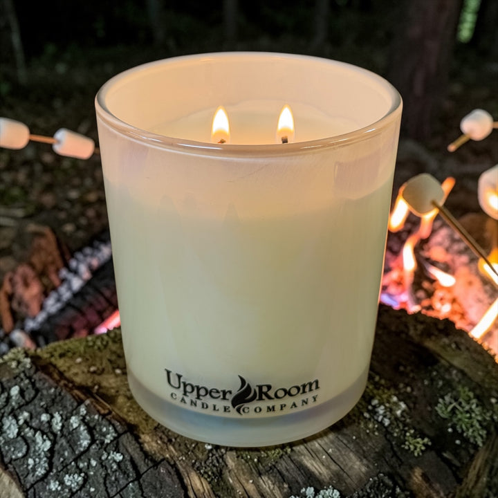 Marshmallow spice candle in a double wick white jar from upper room candle company