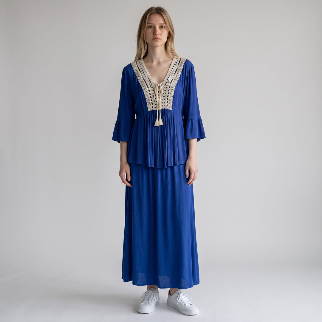 Blue Crochet Trim Bell Sleeve Top - Size 1XL