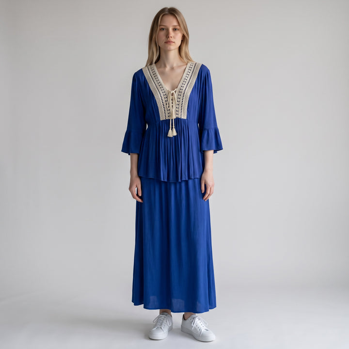 Blue Crochet Trim Bell Sleeve Top - Size 1XL