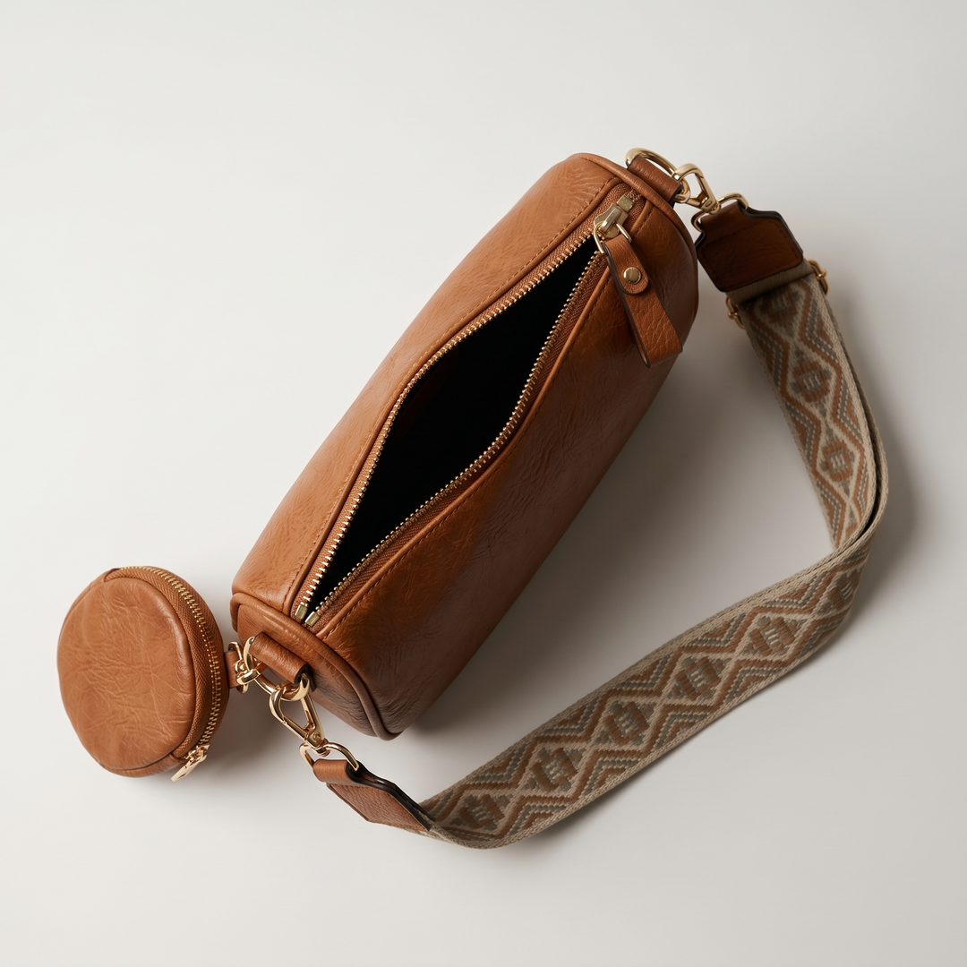 Cognac Crossbody Shoulder Bag with Coin Pouch