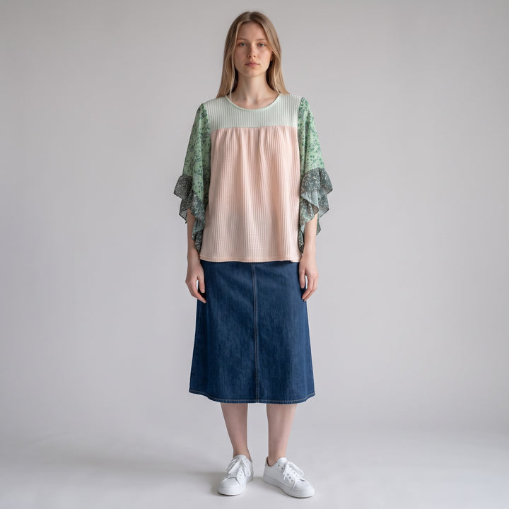 Mixed Print Ruffle Sleeve Top