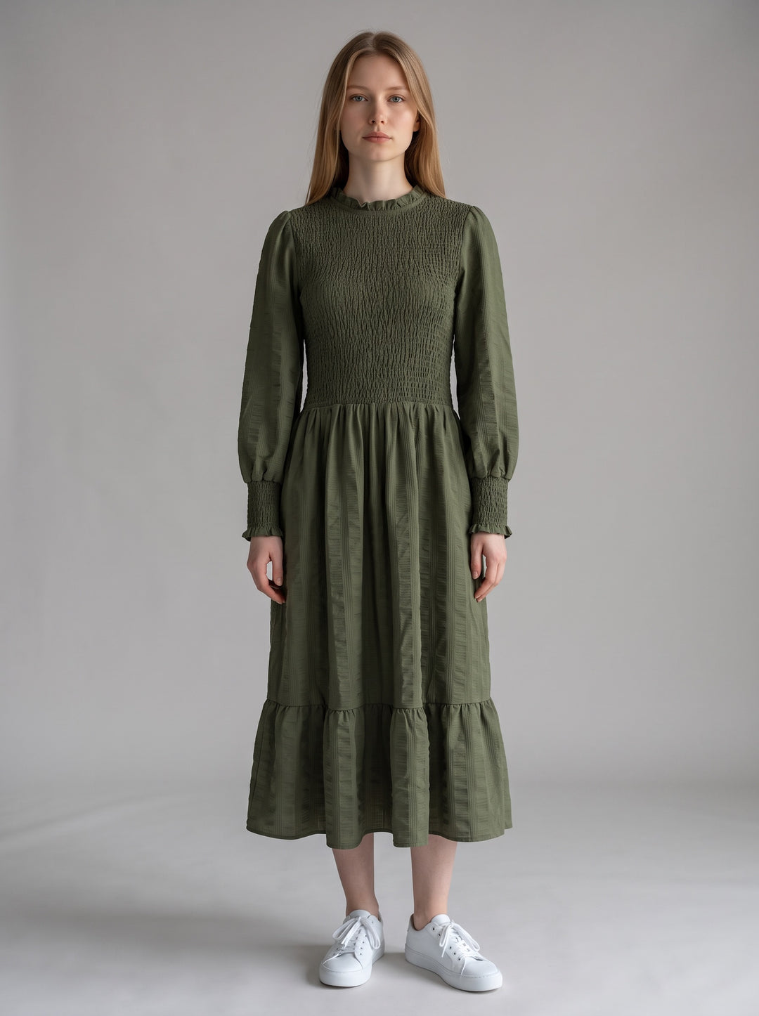 Olive Smocked Long Sleeve Midi Dress - Size XL
