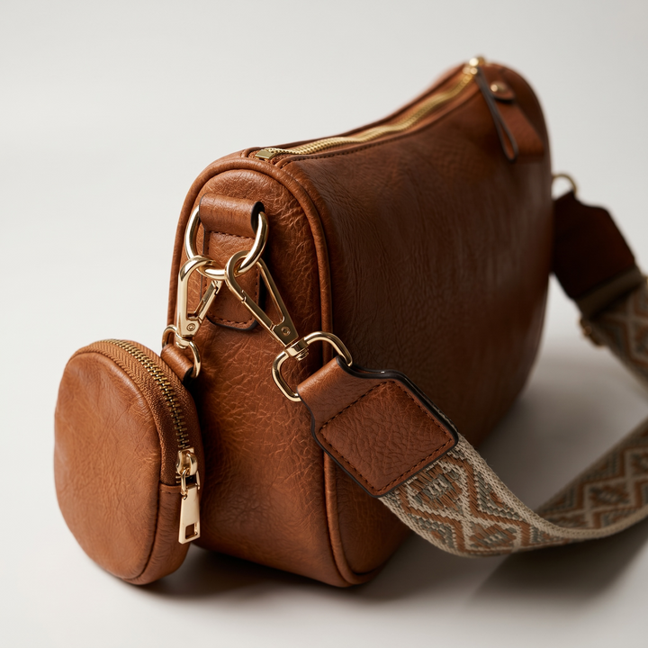 Cognac Crossbody Shoulder Bag with Coin Pouch