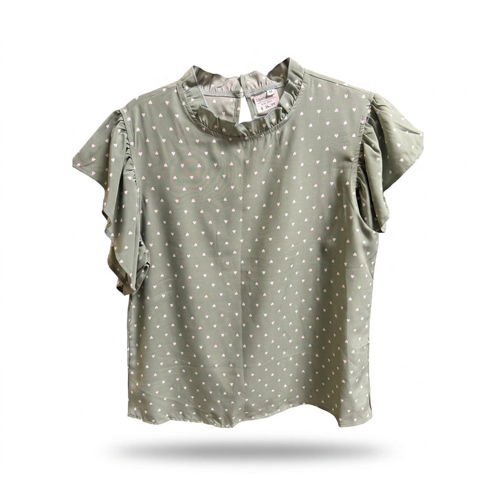 Sage Heart Print Ruffle Sleeve Top