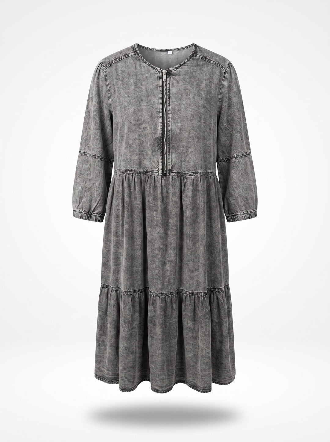 Washed Gray Tiered Zip-Front Midi Dress - Small