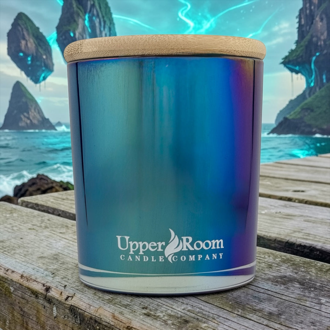Pandora Paradise Candle in a double wick blue pearl jar from upper room candle company 