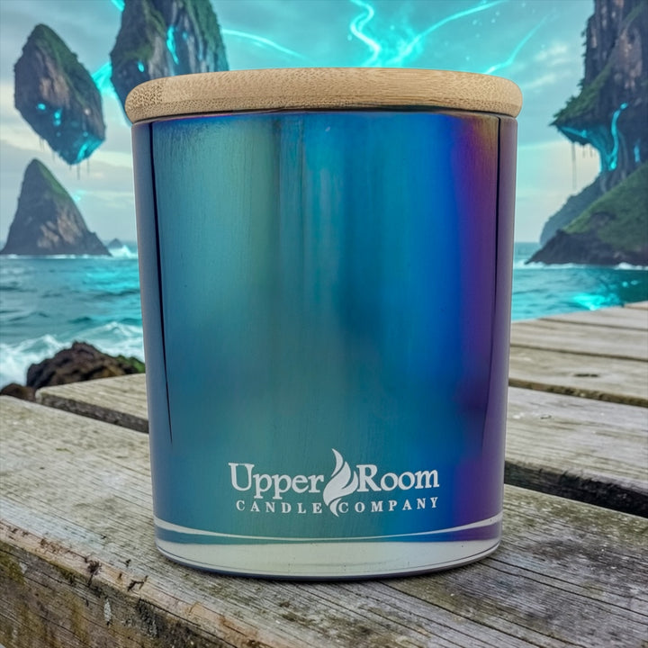 Pandora Paradise Candle in a double wick blue pearl jar from upper room candle company 