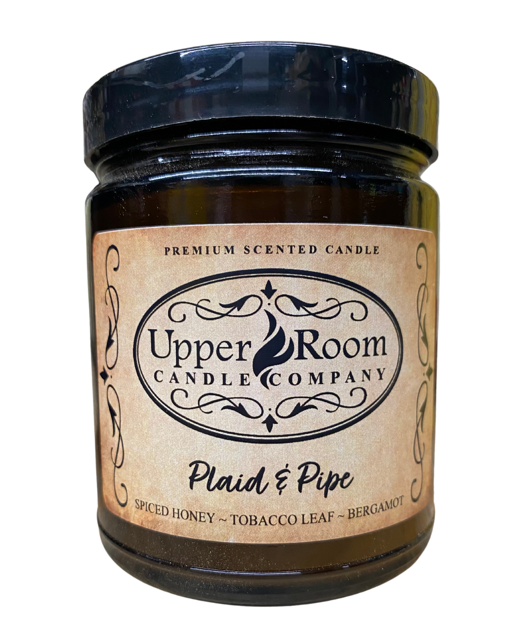 Plaid & Pipe candle in a single wick amber jar from upper room candle company