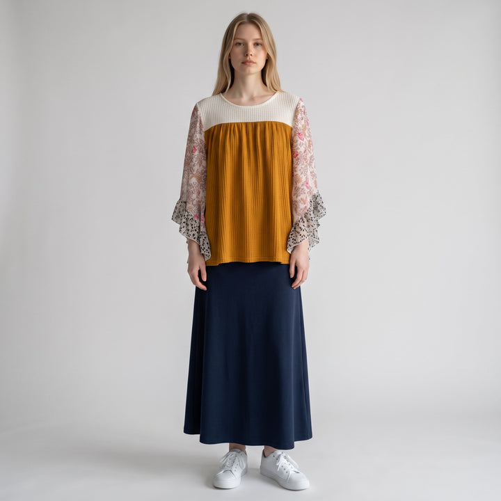 Mixed Print Ruffle Sleeve Top