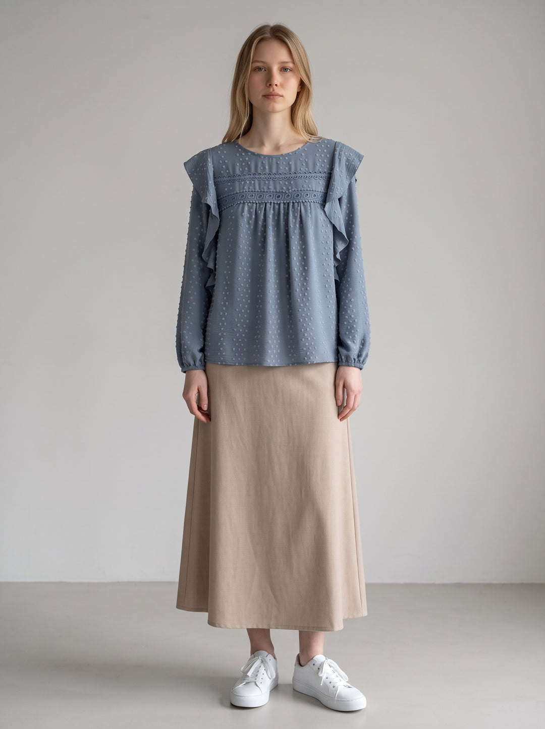 Blue Swiss Dot Ruffle Sleeve Blouse