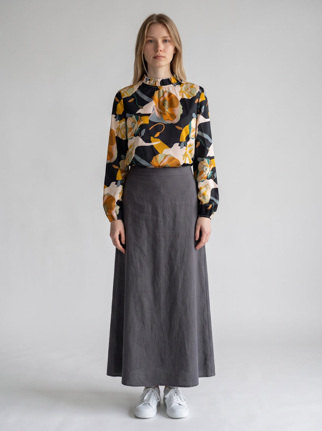 Bold Floral Mock Neck Blouse