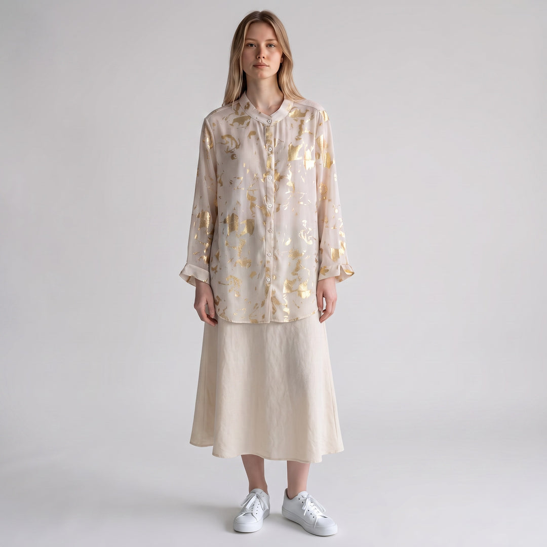 Ivory & Gold Foil Button-Up Blouse
