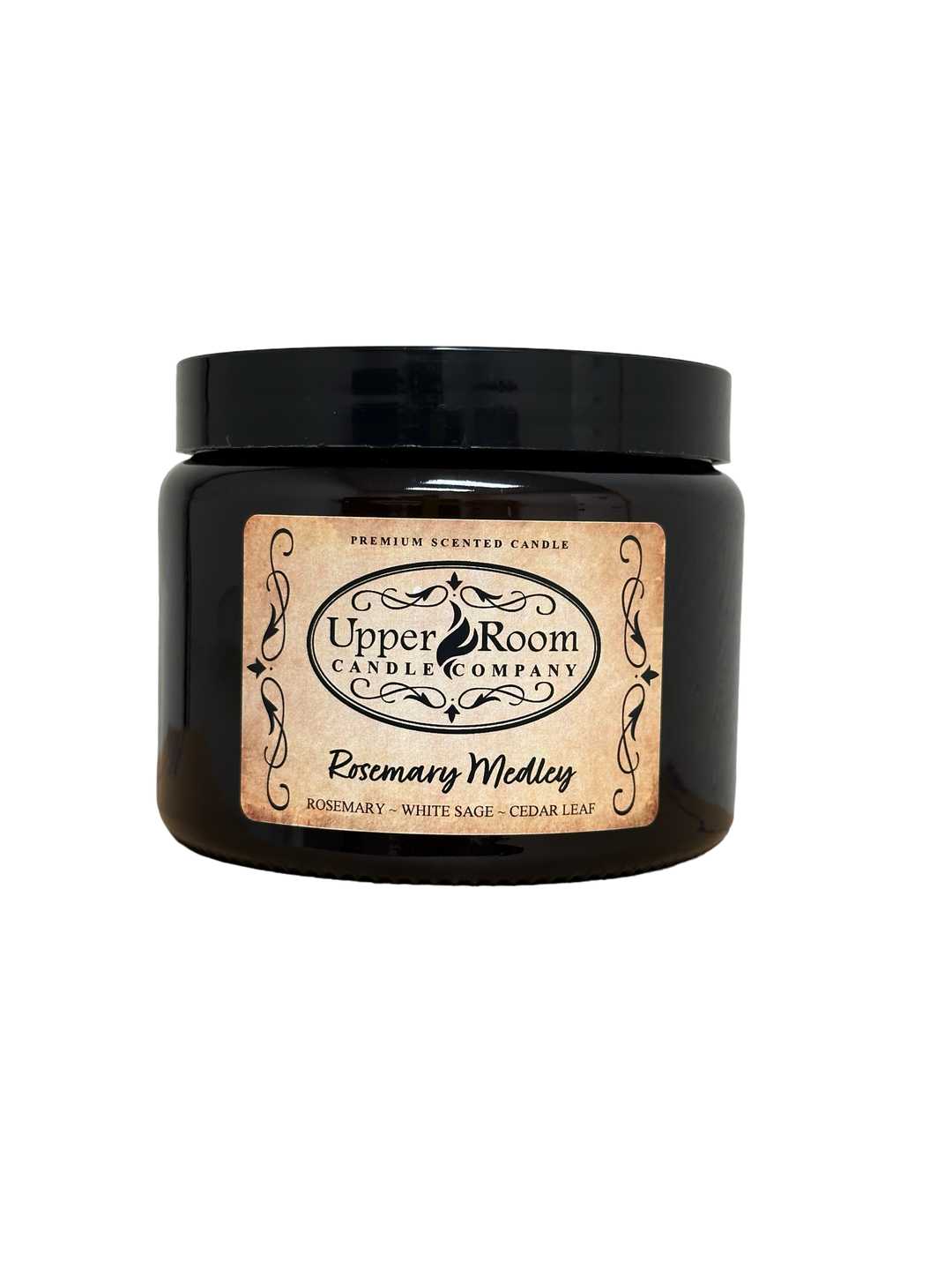 Rosemary Medley hand poured double wick amber candle from upper room candle company, ROSEMARY CANDLE,  the Whiskey Cake CANDLE, Haywire CANDLE, The Ranch CANDLE, and Ida Claire signature scent CANDLE, premium scent soy blend wax, premium fragrance load candle
