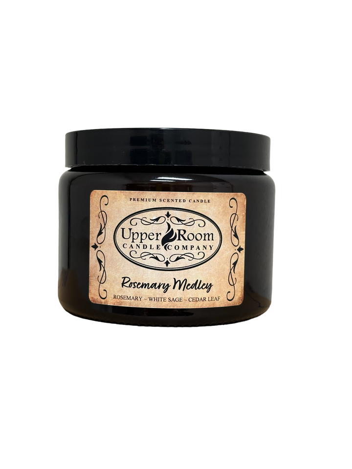 Rosemary Medley hand poured double wick amber candle from upper room candle company, ROSEMARY CANDLE,  the Whiskey Cake CANDLE, Haywire CANDLE, The Ranch CANDLE, and Ida Claire signature scent CANDLE, premium scent soy blend wax, premium fragrance load candle