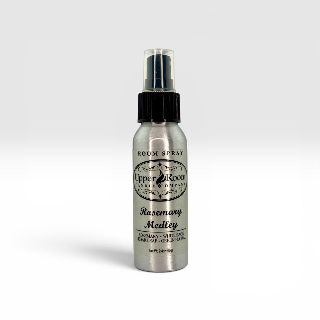 Rosemary Medley hand poured room spray from upper room candle company, ROSEMARY CANDLE,  the Whiskey Cake CANDLE, Haywire CANDLE, The Ranch CANDLE, and Ida Claire signature scent CANDLE, premium scent, premium fragrance load 