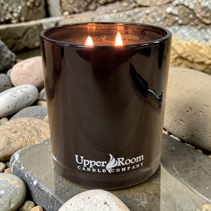 Saffron & onyx candle in a double wick black jar from upper room candle company