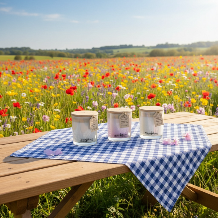 Spring bundle candles double wick white pearl jars, hand poured candles, upper room candle company in front of a spring flower field