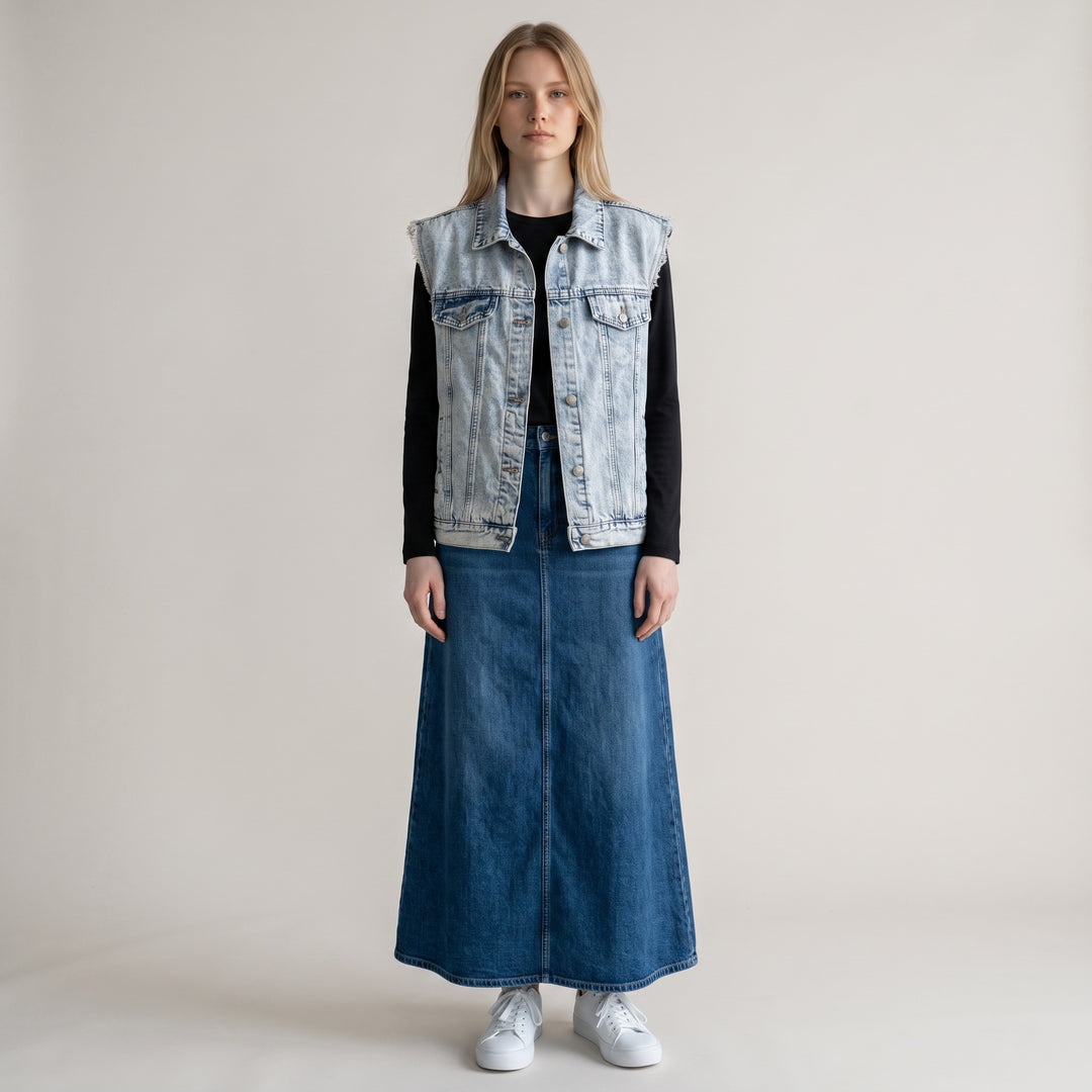 Light Wash Frayed Denim Vest