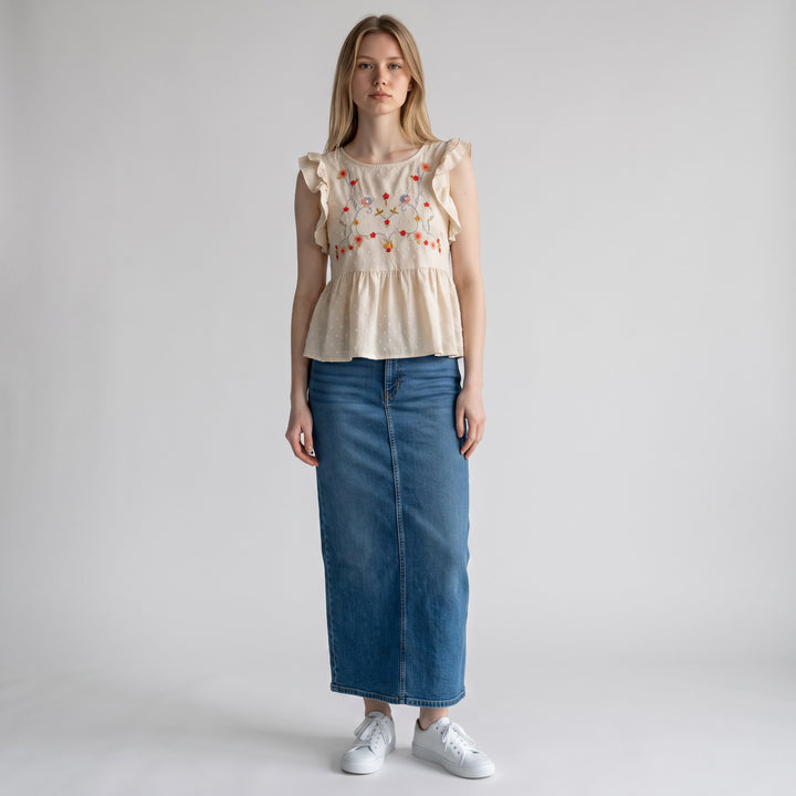 Embroidered Ruffle Sleeve Peplum Top