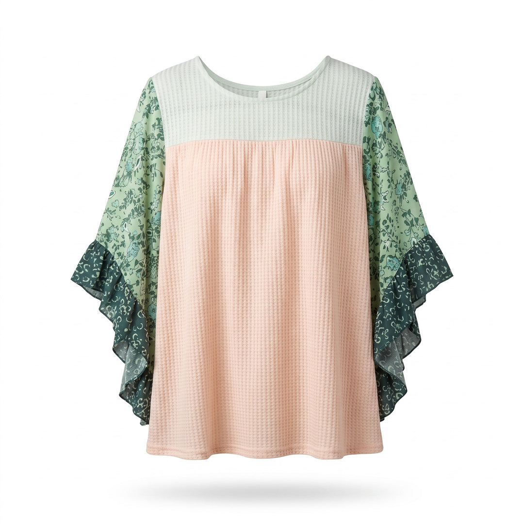 Mixed Print Ruffle Sleeve Top