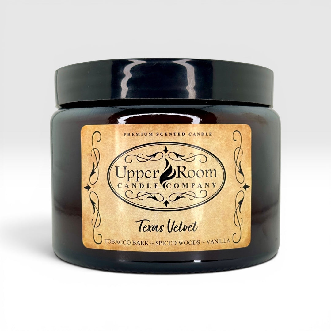 Texas Velvet Candle double wick in amber jar, high fragrance load candle, soy blend