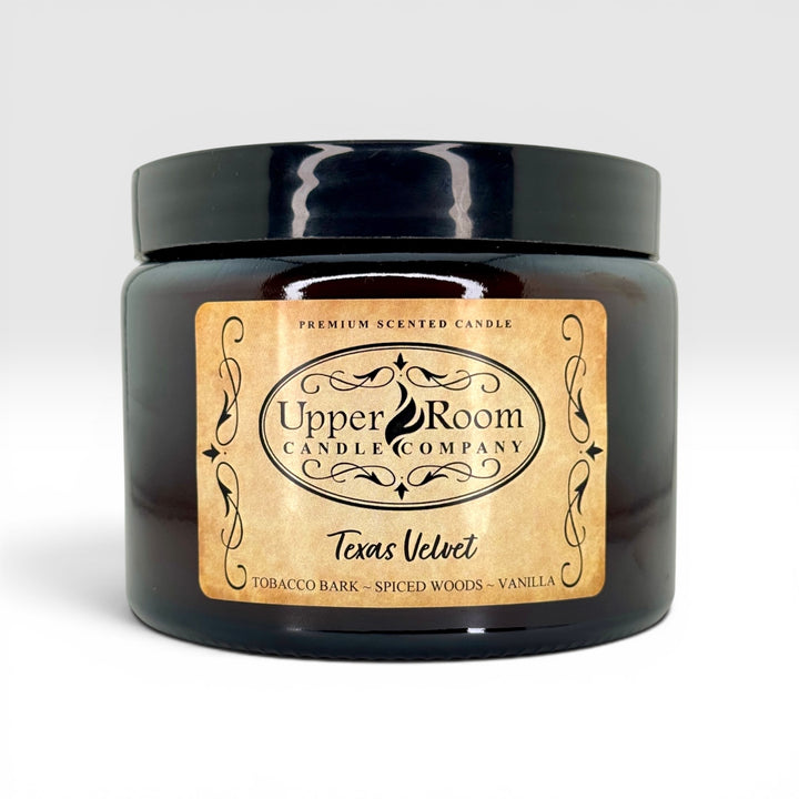 Texas Velvet Candle double wick in amber jar, high fragrance load candle, soy blend