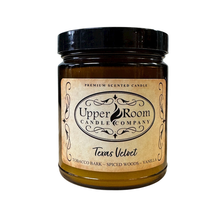 Texas Velvet Candle in a single wick amber jar from upper room candle company